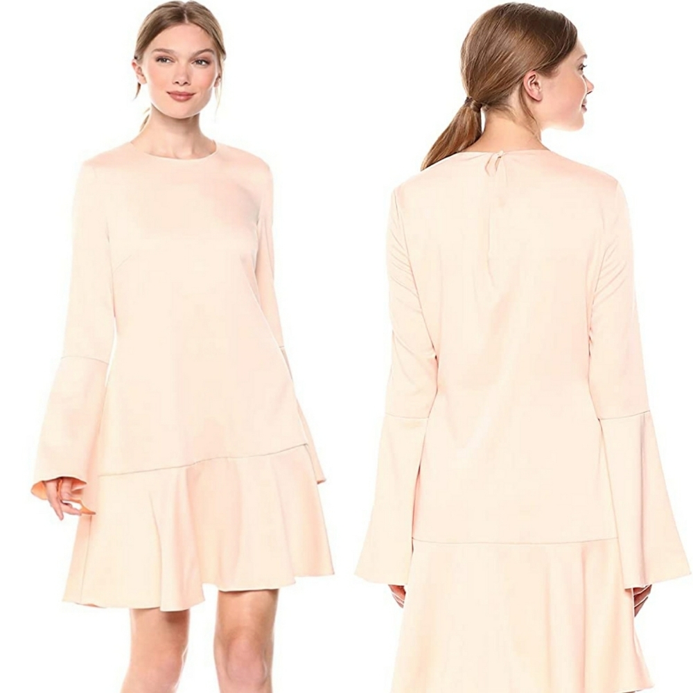 Revolve Elliatt Serene Dress Chalk Pink Bell Sleeves Satin Boho Wedding Cocktail - Picture 1 of 8